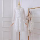 Set: Spaghetti Strap Butterfly Embroidered Mesh Mini A-line Dress + Tie-front Jacket