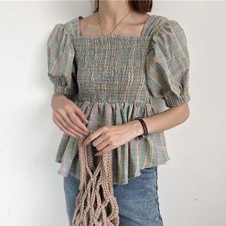 Plaid Square-neck Short-sleeve Peplum Top