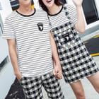 Couple Matching Set: Striped Short Sleeve T-shirt + Plaid Shorts/ Pinafore Dress
