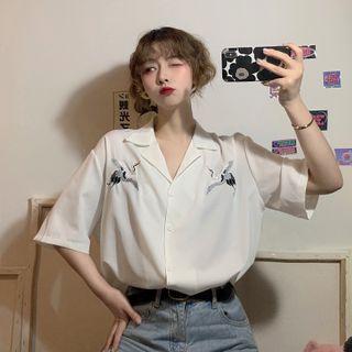 Short-sleeve Crane Embroidered Shirt