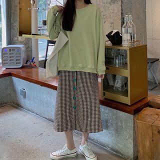 Set: Smiley Face Sweatshirt + Buttoned Plaid Midi Skirt