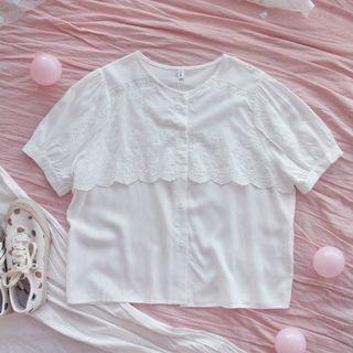 Short-sleeve Eyelet Blouse Brown Bear - White - One Size