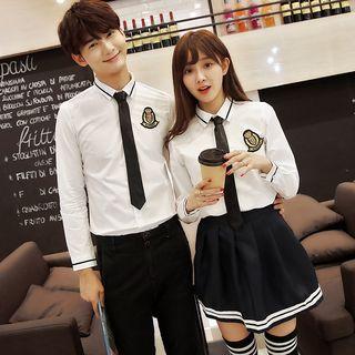 Couple Matching Patched Long-sleeve Shirt