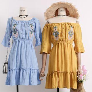 Boatneck Embroidered A-line Dress