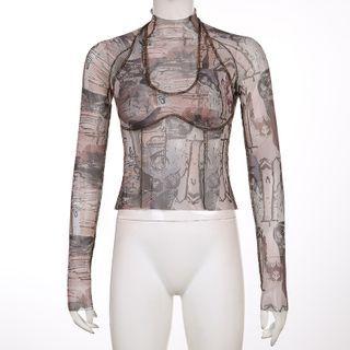 Mock Two-piece Long-sleeve Printed Mesh Top