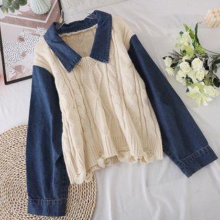 Mock Two-piece Sweater Panel Denim Top Almond - One Size