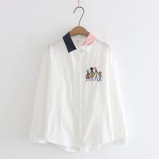 Contrast Collar Cartoon Embroidered Button-down Shirt
