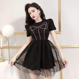 Short-sleeve Mini Mesh Dress Black - One Size