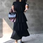 Crew-neck Short-sleeve Midi Tiered Dress Black - One Size