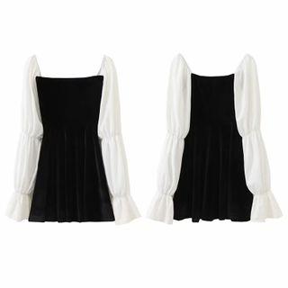 Long-sleeve Two Tone Velvet Dress