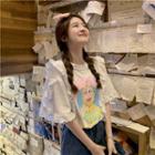 Short-sleeve Ruffle Trim Print Blouse White - One Size