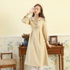 Button Accent Long-sleeve V-neck Dress