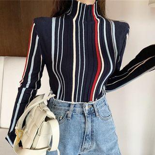 Mock-turtleneck Long-sleeve Striped Top