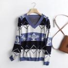 Geometric Pattern V-neck Sweater Blue - One Size