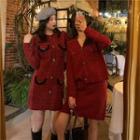 Long-sleeve Contrast Trim Mini Sheath Dress / V-neck Button-up Jacket / Mini A-line Skirt / Set