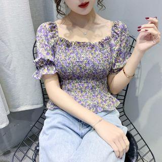 Puff-sleeve Floral Print Frill Trim Chiffon Top