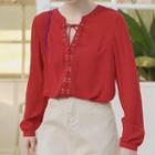 Lace Up Blouse Wine Red - One Size