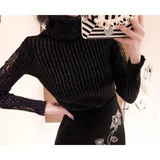 Turtle-neck Glittered Lace Knit Top