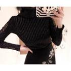 Turtle-neck Glittered Lace Knit Top