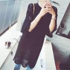 3/4-sleeve Perforated Long Knit Top
