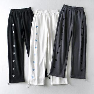 Heart Embroidered Drawstring-cuff Sweatpants