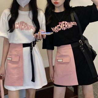 Short-sleeve Lettering T-shirt / Peplum Belt