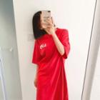 Round-neck Lettering T-shirt Dress Red - One Size