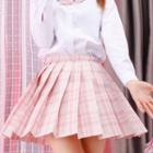 Plaid Mini Pleated Skirt / Plain Shirt / Plaid Tie / Bow Tie / Short-sleeve Shirt / Set