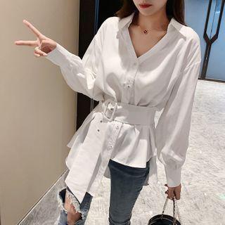 Long-sleeve Belted Irregular Open-collar Shirt