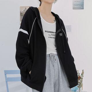 Stiped Applique Hooded Zip Jacket