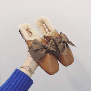 Faux Leather Fluffy Trim Bow Mules