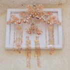 Set: Wedding Faux Pearl Branches Tiara + Hair Stick + Drop Earring Set - Gold - One Size