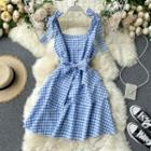 Gingham Wide Strap Bow Mini A-line Dress