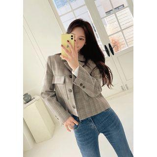 Flap-pocket Crop Plaid Blazer Brown - One Size