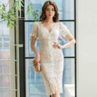 Short-sleeve Buttoned Lace Sheath Dress