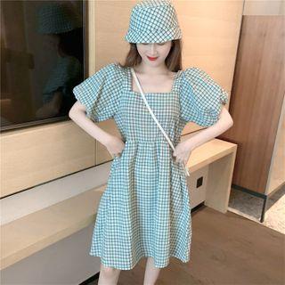 Plaid Puff-sleeve Dress Green - One Size