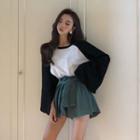 Slit-cuff Colorblock T-shirt / High-waist Skort