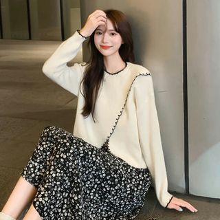 Long-sleeve Two-tone Knit Top + Floral Print Skirt