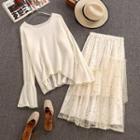 Set: Flared-sleeve Sweater + Mesh A-line Skirt Set - Sweater - White - One Size / A-line Skirt - White - One Size