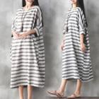Elbow-sleeve Striped A-line Midi Dress