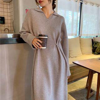 Long-sleeve Polo Collar Midi Knit Dress