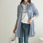 Letter-printed Striped Long Shirt Navy Blue - One Size