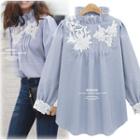 Pinstripe Frill Trim Lace Panel Long-sleeve Blouse