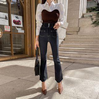 Fleece-lined Button-detail Boot-cut Jeans
