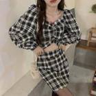 Lantern-sleeve Square-neck Plaid Top / High-waist A-line Plaid Skirt