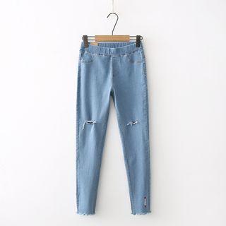 Embroidered Ripped Slim-fit Jeans