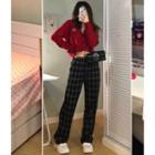 Long-sleeve Heart Embroidered Cardigan / High-waist Plaid Pants