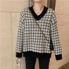 Tweed V-neck Long-sleeve Loose-fit Top
