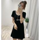 Short-sleeve Contrast Trim A-line Mini Knit Dress Black - One Size