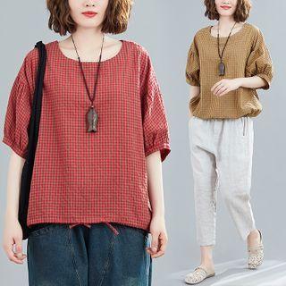 Plaid Semi-sleeve Round Neck T-shirt